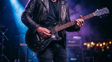 Fototapeta premium Man playing electric guitar on stage with spotlight shining down