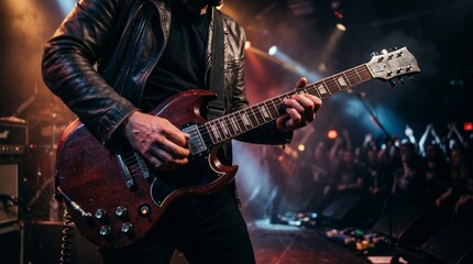 Fototapeta premium Musician plays electric guitar on stage at nightclub with crowd