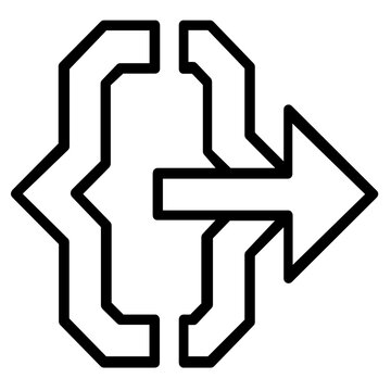 Black and white vector icon illustration of code brackets with a directional arrow, representing software development, web programming, digital coding, script execution, and tech engineering.