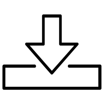 Receiving tray with a vertically descending arrow glyph in pure black monochrome outline, suited for minimal web navigation, mobile app file saving, software update prompts, and digital content