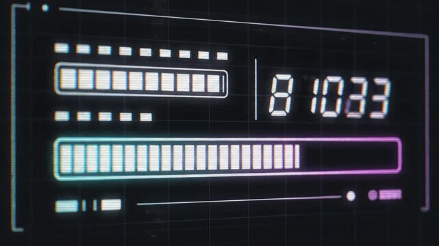 Digital loading progress bars with glitch effects and shifting numerical data on a dark grid
