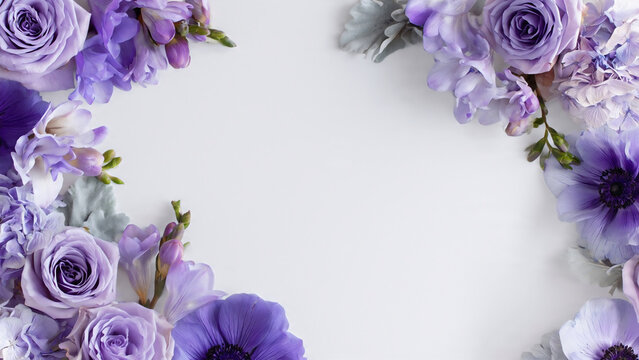 Elegant purple floral frame with roses and blossoms on white background, romantic spring border with copy space