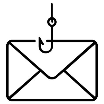 Phishing hook email line icon vector illustration depicting cyber security threats, digital fraud, and data theft. A minimalist black and white graphic of a hook catching a mail envelope icon.