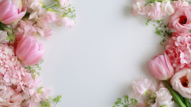 Soft pink floral frame with tulips and blossoms on white background, elegant spring border with copy space for invitations