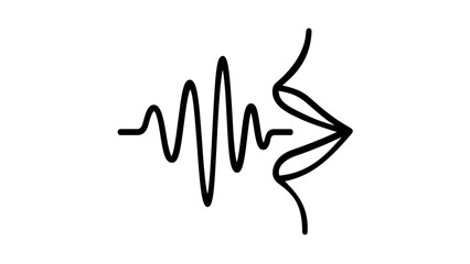 Obraz premium Voice sound wave and audio line icon vector illustration. Minimalist black and white graphic showing a human mouth speaking with a digital waveform representing speech recognition or recording.