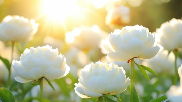 selective focus blooming white peonies close up macro