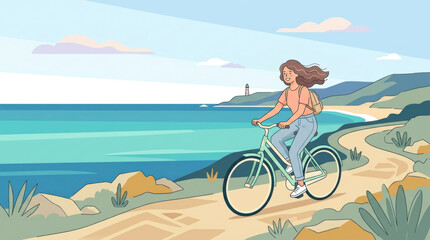 Fototapeta premium Girl cycling by the sea