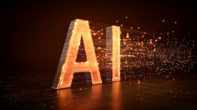Large AI letters over glowing orange data streams, artificial intelligence concept, machine learning, neural network processing, digital transformation, big data, automation and fu