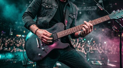 Fototapeta premium Musician performs energetically on stage with electric guitar before crowd
