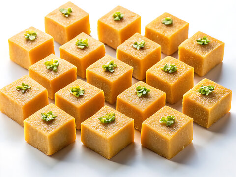 Photorealistic mysore pak sweets arranged neatly, golden dessert texture, white background