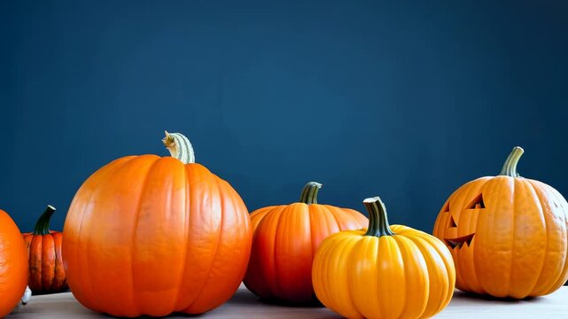 Orange pumpkins arranged on a wooden surface against a blue background, showcasing various sizes and a carved jack-o'-lantern with a smiling face