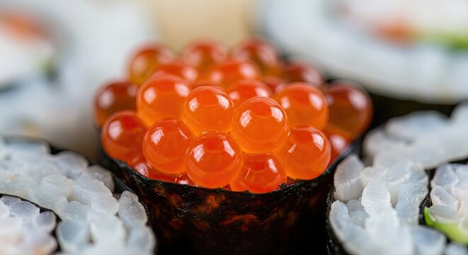 Close-up of vibrant orange salmon roe ikura on a sushi roll, showcasing fresh seafood delicacy.