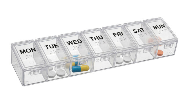 Weekly pill box with pills for each day of the week isolated on transparent background
