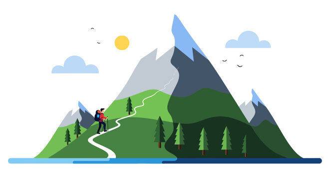 Hiker on mountain trail landscape.