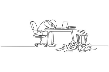 Fototapeta premium Overworked employee sleeping at desk with paper clutter stressed workplace employee exhaustion overwhelmed deadline business professional unproductive depression frustration crumpled