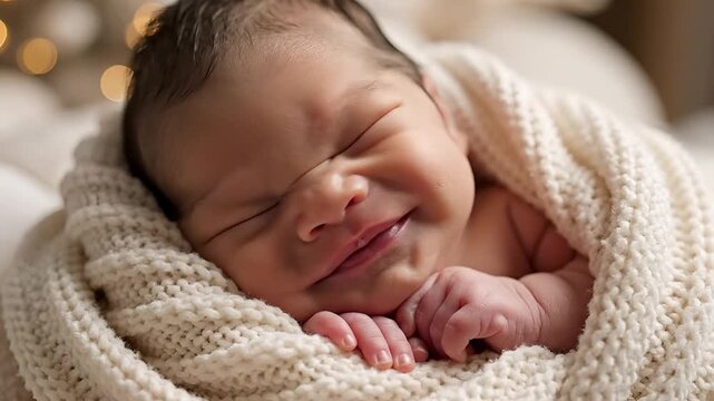 Adorable Newborn Baby Sleeping Peacefully Wrapped in Cozy Blanket.