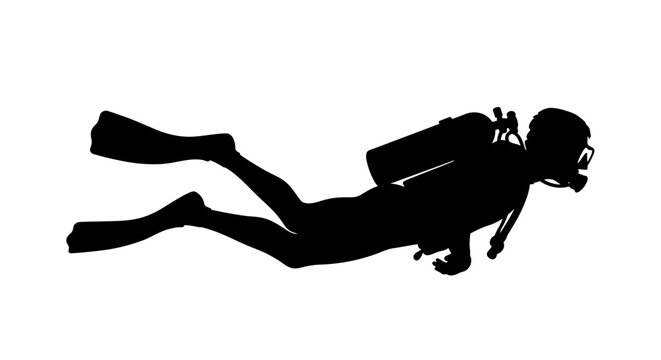 Scuba Diver Underwater Silhouette Profile.