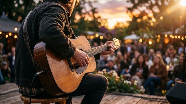 Musician performs on outdoor stage with guitar at sunset before audience