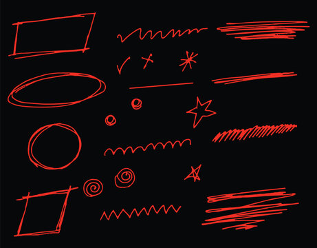 Blue pen scribble and doodle collection. red pen lines, arrows and scribbles at grid notebook background. Crayon drawn note doodles for hand drawn diagram, infographic and journaling