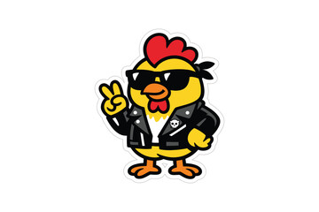 Naklejka premium Funny Biker Chicken Mascot, Cool Chicken Rider Character, Cartoon Animal Sticker