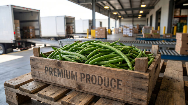 Fresh Green Beans in Rustic Wooden Crate at Warehouse Loading Dock, Produce Distribution Logistics