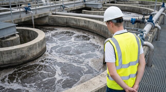 Water treatment engineer monitoring wastewater basin, observing purification systems, industrial resource management, sustainable technology and clean water concept
