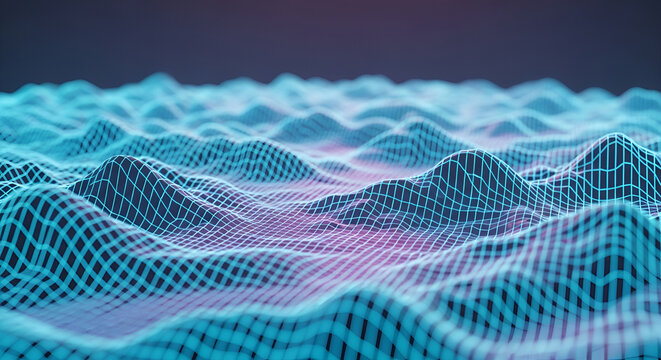 Abstract Digital Landscape with Glowing Blue and Pink Grid.