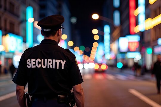 A security guard surveys a bustling city street at night, monitoring their surroundings with a vigilant stare from behind.