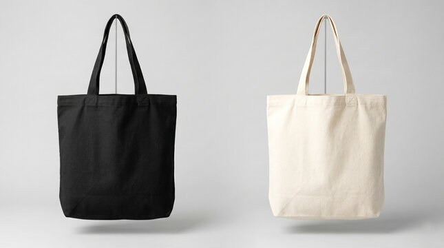 Two minimalist canvas tote bags, one in deep black and one in natural cream, floating against a clean grey background perfect for eco-friendly fashion mockups.