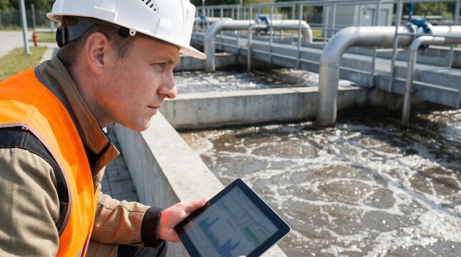 Water treatment engineer monitoring wastewater basin, observing purification systems, industrial resource management, sustainable technology and clean water concept