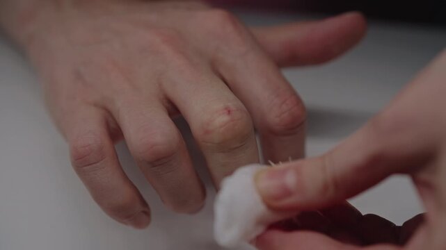 Close-up of male hands cleaning bleeding cut on finger with cotton pad after domestic accident. First aid treatment for small wound, healthcare and self care concepts, closeup, slow motion.