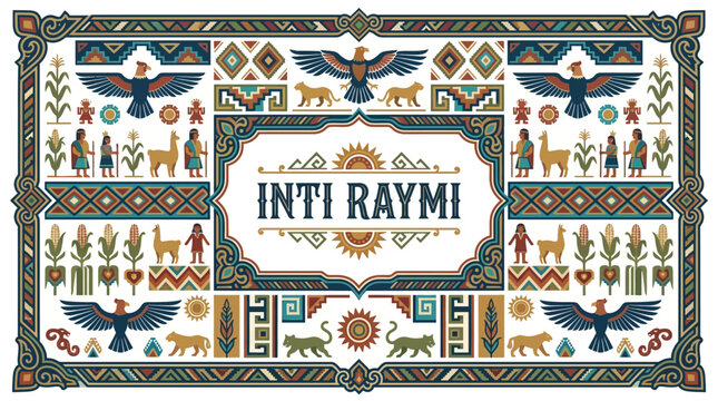 Vibrant Inti Raymi festival patterns forming frame with animals and plants