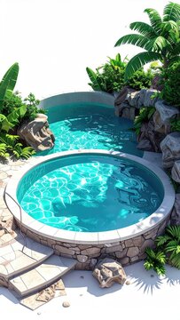 Two-level, tropical pool with lush foliage & rockwork