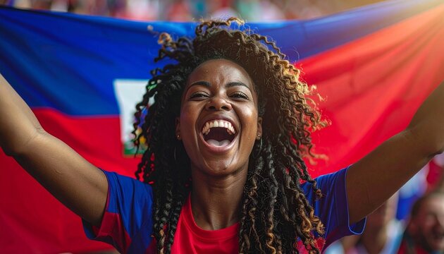 Soccer supporter cheering with flag of Haiti at the World Cup