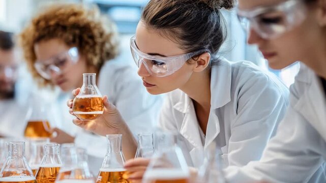 selective focus quality control team in brewery testing beer taste and consistency during production stages in lab