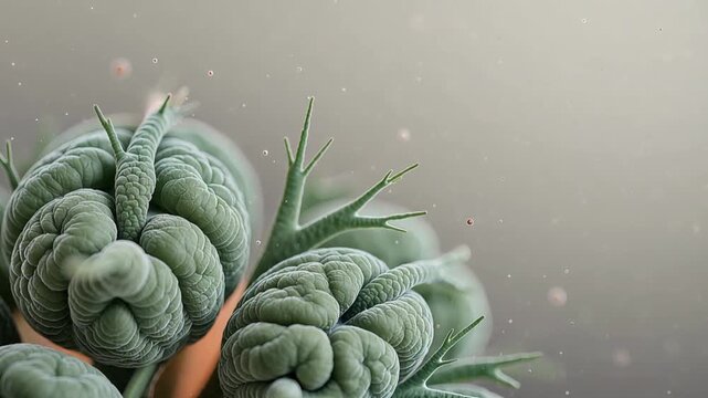 Macro visualization of a fleshy organic tissue mutating into a green spiky biological organism, cellular metamorphosis concept with copy space