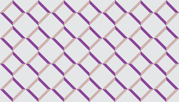 Seamless geometric pattern with 3D cube perspective shapes, modern repeating background in purple and light beige tones