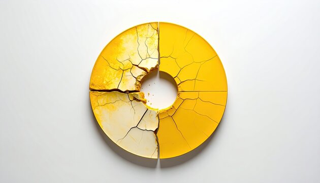 Cracked, circular yellow object on white background