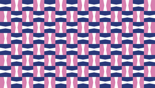 Seamless geometric pattern with abstract bowtie and square shapes, modern repeating background in pink, blue, and white