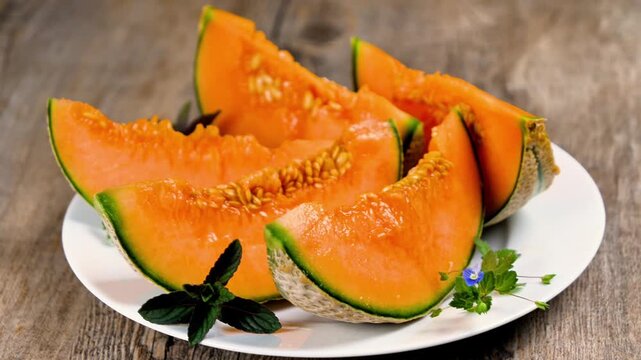 Slices of fresh cantaloupe melon served on white plate over rustic wooden table
