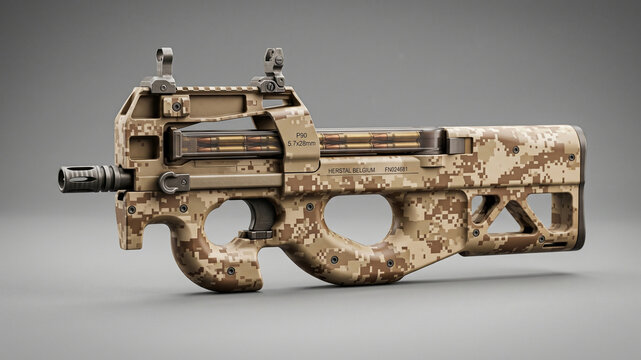 Desert camouflage assault rifle with digital pattern and gray background