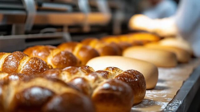 selective focus industrial bakery production line with temperature controlled ovens baking loaves to golden perfection