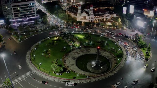 aerial view of tugumuda and lawang sewu , that one of historical building on semarang city