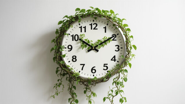 Clock Hands Growing as Plant Vines Surreal, Time Nature Concept Whimsical Fantasy Wall
