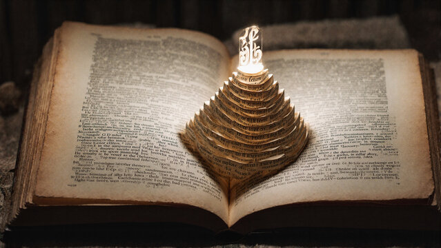 open book whose pages fold up into a staircase leading to a glowing word, dark library background, soft light
