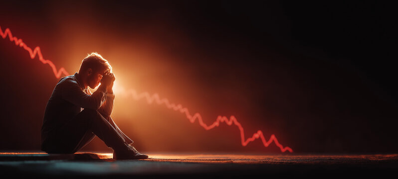 Financial Downfall: A lone figure is engulfed in despair, illuminated by the stark glow of a sharply declining red graph, symbolizing economic recession and personal financial ruin.