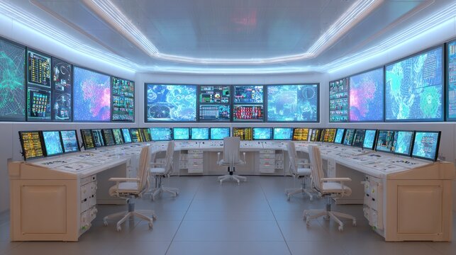Futuristic Command Center: A high-tech command center with rows of monitors displaying data and visuals, illuminated by cool blue lighting, creating an atmosphere of intense monitoring and control.