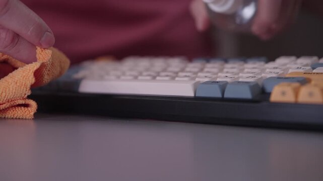 Male hands cleaning wireless computer keyboard with sanitizing spray and soft cloth in dark room, concept of workplace hygiene and device maintenance at office, close-up. Shooting in slow motion.