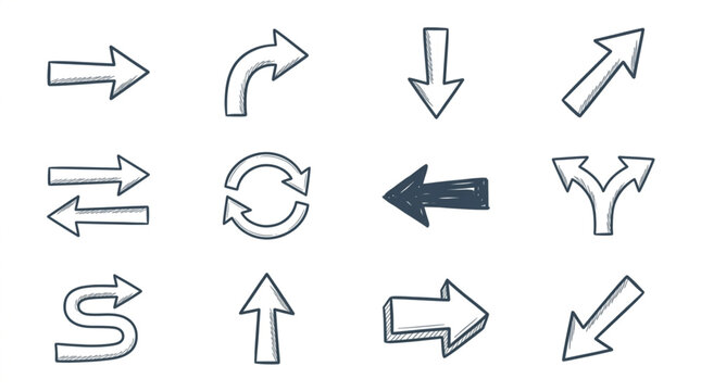 Collection of Hand Drawn Arrow Icons in Various Directions and Styles.