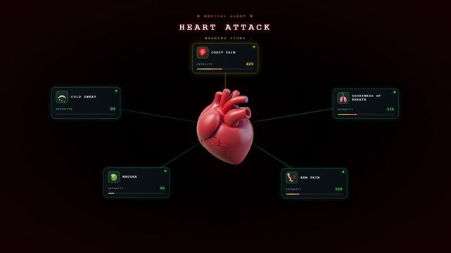 Heart attack warning sign medical infographic with anatomical heart and symptom